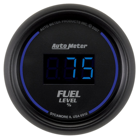 AutoMeter Cobalt Digital 52.4mm black programmable fuel level gauge showing empty to full range with digital display.