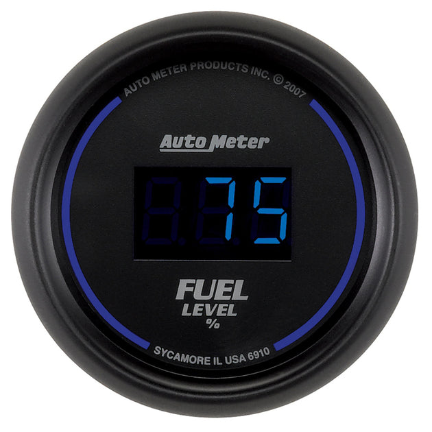 AutoMeter Cobalt Digital 52.4mm black programmable fuel level gauge showing empty to full range with digital display.