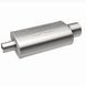 MagnaFlow stainless steel muffler with tip, 14x5x8 inches, featuring dual inlet and outlet pipes for automotive exhaust systems.