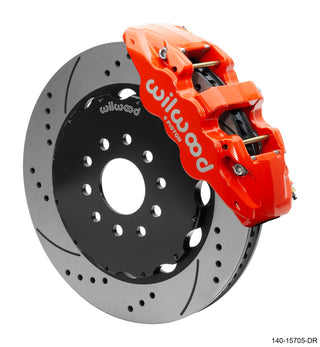Wilwood AERO6 front big brake kit with 14-inch drilled red rotor installed on a Chevrolet Corvette C5/C6/Z06.