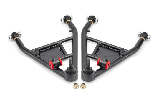 Black hammertone BMR Chevrolet Corvette C7 rear lower control arms for 2014-2019 with 15-inch conversion kit installed.
