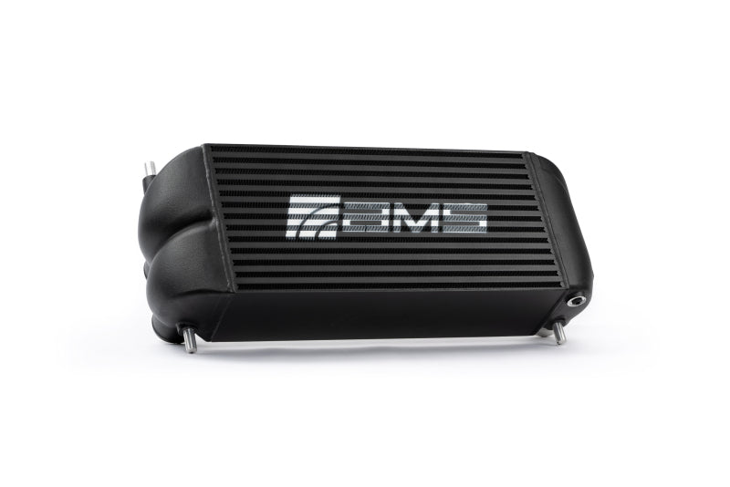 Black AMS Performance intercooler with logo for 2015+ Ford F-150 and Raptor 2.7L/3.5L EcoBoost engines, showing cooling fins and mounting points.