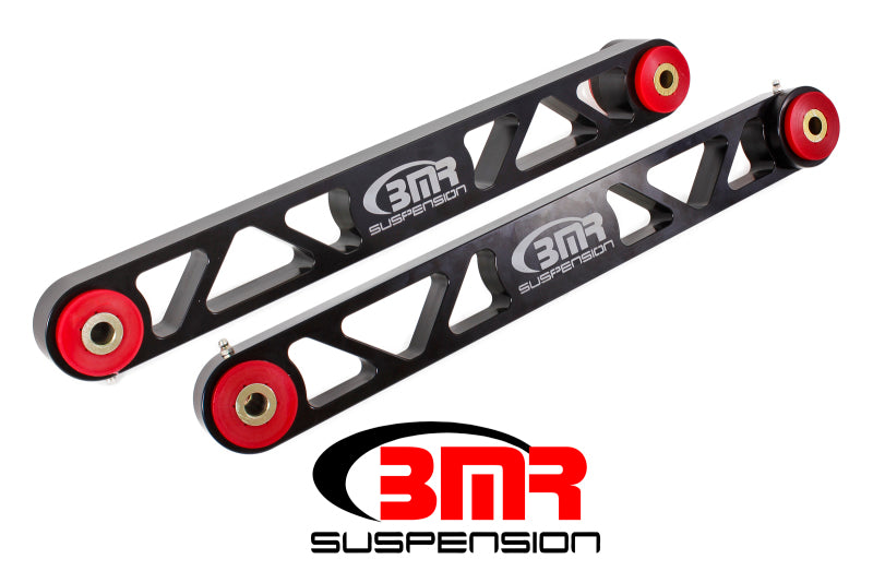Black anodized BMR Suspension S197 Mustang billet aluminum lower control arms with polyurethane bushings, designed for performance and durability.