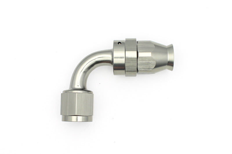 DeatschWerks 8AN female swivel 90-degree PTFE hose end fitting with olive insert for high-performance fuel and fluid connections.