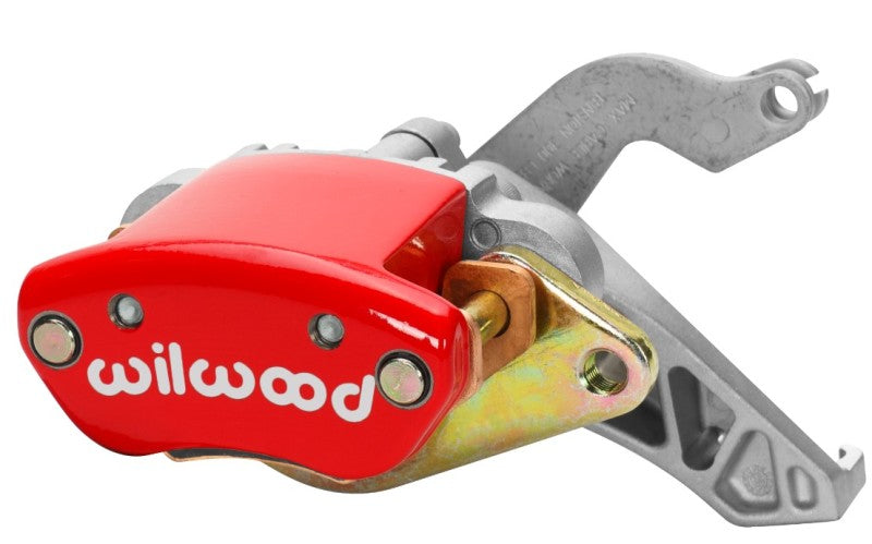 Red Wilwood MC4 mechanical brake caliper with logo and 1.19-inch piston for performance disc brakes, right-hand model.