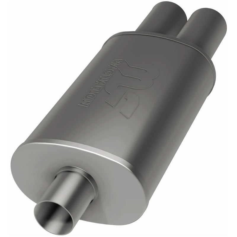 MagnaFlow stainless steel muffler with tip, 14x5x8 inches, featuring dual inlet sizes 2.25 and 3 inches, for vehicle exhaust.