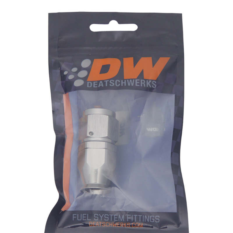 DeatschWerks 8AN female swivel straight hose end fitting with PTFE construction and olive insert for high-performance fuel lines.
