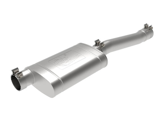 aFe stainless steel catback muffler upgrade pipe for 2020-2021 GM trucks V8 6.2L, shown installed on truck with polished finish