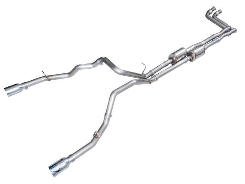 AWE Tuning 2025+ RAM 1500 3.0TT Rebel cat-back exhaust with chrome silver tips, showcasing polished tips and exhaust pipes.