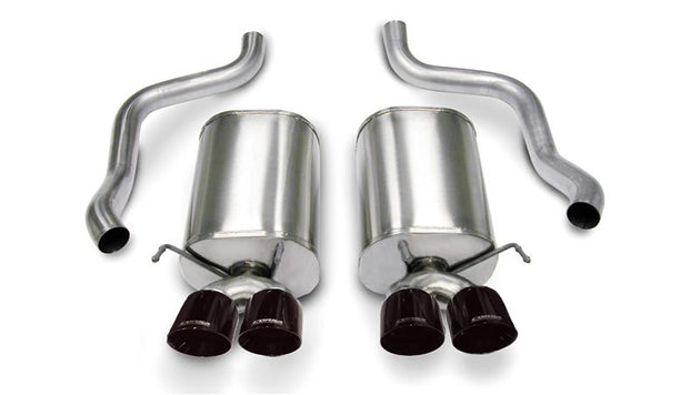 Black CORSA Performance axle-back exhaust for Chevrolet Corvette C6 2005-2007 with 6.0L V8 engine, sporty and durable design.
