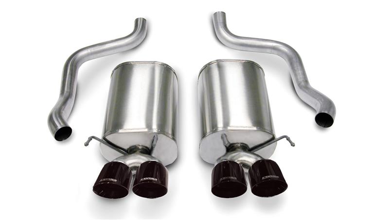 Black CORSA Performance axle-back exhaust for Chevrolet Corvette C6 2005-2007 with 6.0L V8 engine, sporty and durable design.