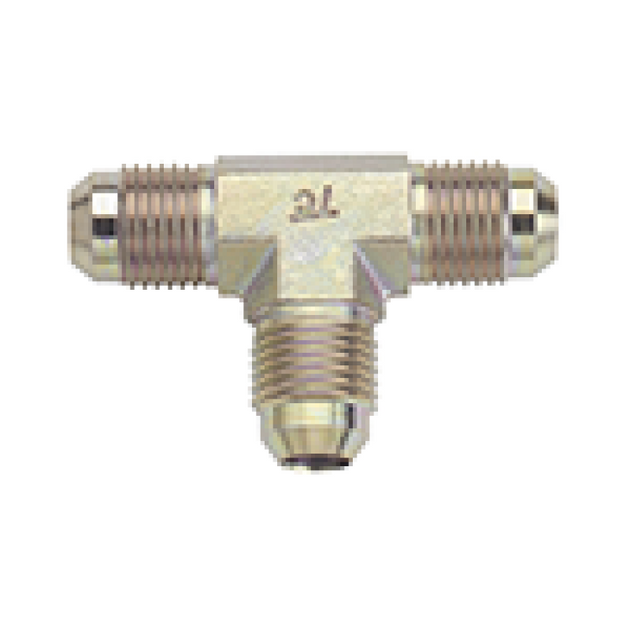 Fragola -3AN steel fitting tee with threaded ends, used for fluid or gas hose connections in automotive or industrial applications.
