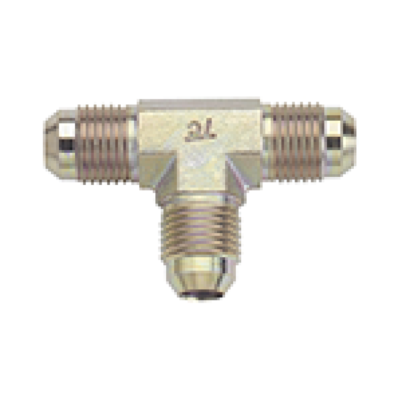 Fragola -3AN steel fitting tee with threaded ends, used for fluid or gas hose connections in automotive or industrial applications.