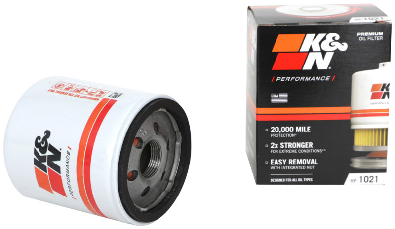 K&N Engineering Premium Wrench-Off Oil Filter showing metal body and rubber sealing ring for automotive oil filtration.