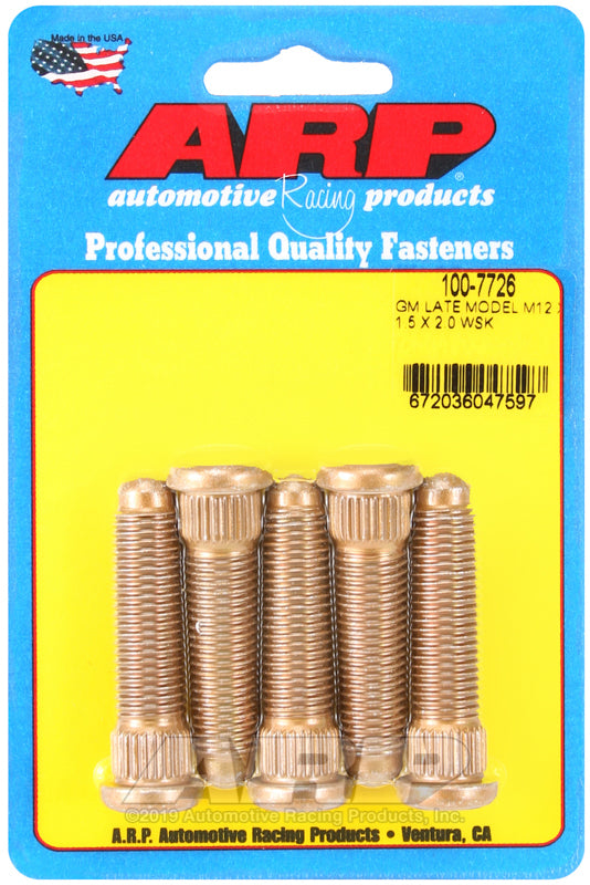 ARP GM Late Model M12 x 1.5 x 2.0 wheel stud kit showing metal wheel studs with threaded ends for vehicle wheel installation.