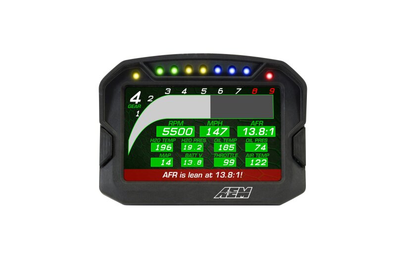 AEM CD-5LG Carbon Logging Digital Dash Display with internal 10Hz GPS and antenna, showing gauges and digital readouts.