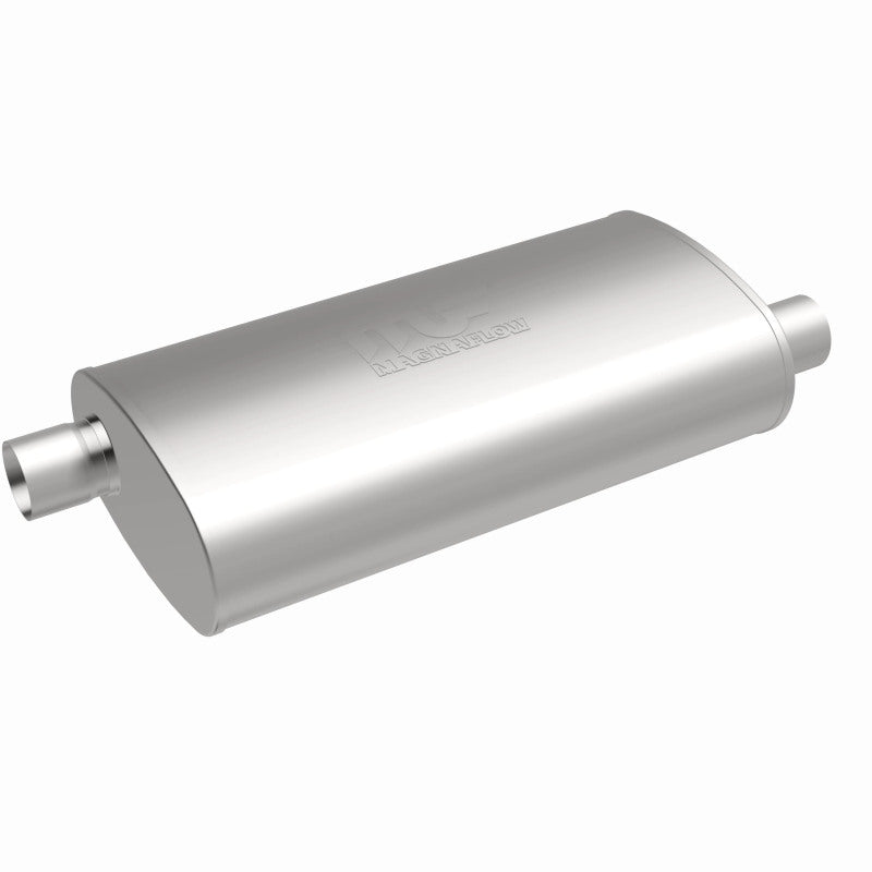 MagnaFlow Mag SS muffler with 22x5x11 inch dimensions and 3x3 inlet/outlet, stainless steel construction, shown on a vehicle exhaust system.
