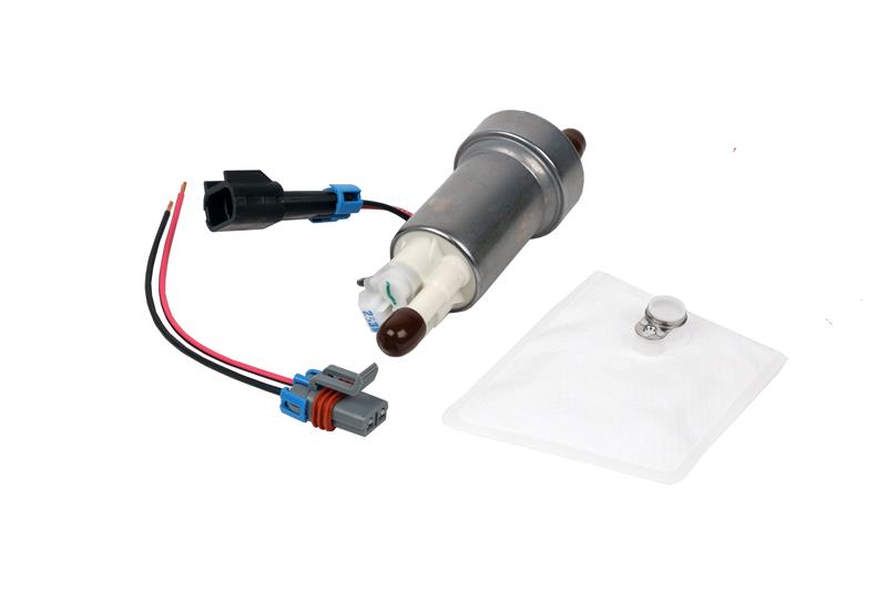 Aeromotive 450lph in-tank fuel pump shown with metal body and electrical connections for high-performance fuel delivery.