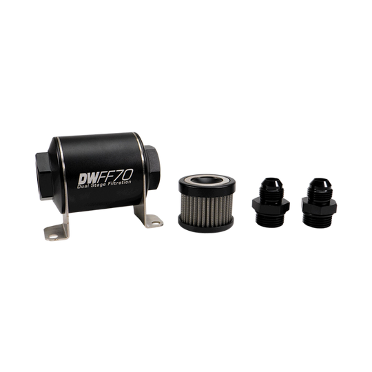 DeatschWerks stainless steel 8AN 10 micron universal inline fuel filter housing kit with mounting bracket and fittings.