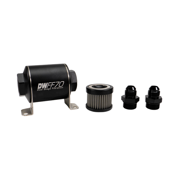 DeatschWerks stainless steel 8AN 10 micron universal inline fuel filter housing kit with mounting bracket and fittings.