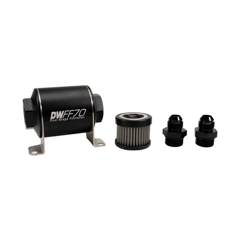 DeatschWerks stainless steel 8AN 10 micron universal inline fuel filter housing kit with mounting bracket and fittings.