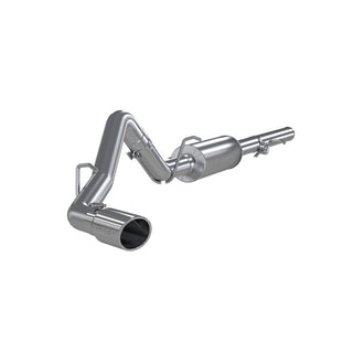 MBRP catback exhaust system for 2009 Chevy/GMC 1500 4.8L and 5.3L engines, single side, excluding 8-foot bed, installed on truck.