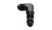 Vibrant black anodized 3AN bulkhead elbow fitting, 90-degree adapter for hydraulic or fuel line connections.