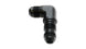Vibrant black anodized -8AN bulkhead 90-degree elbow fitting for automotive or fluid fitting applications.