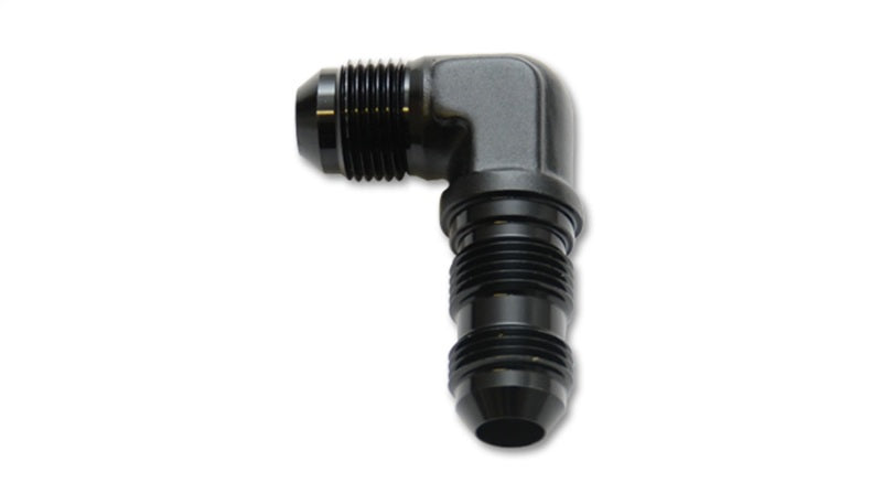 Vibrant black anodized -10AN bulkhead adapter 90 degree elbow fitting for hydraulic or fuel line connections, durable and corrosion-resistant.