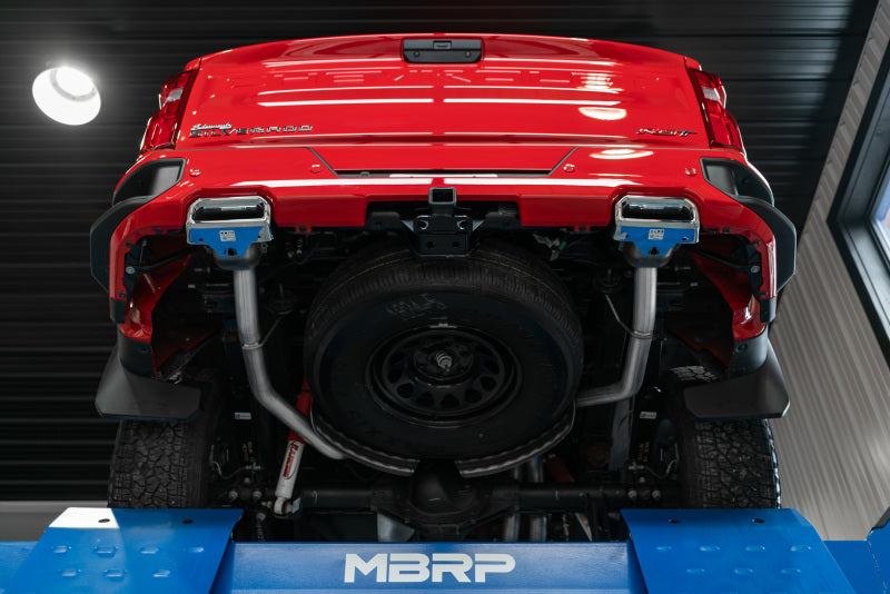 MBRP 19-Up Chevy Silverado 1500 6.2L catback dual rear exit exhaust system with aluminized steel, pipe and muffler visible.