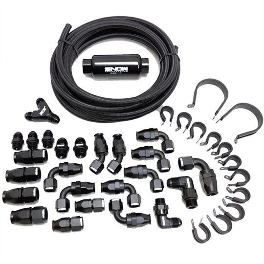 Snow Performance 10AN braided stainless steel fuel line kit in black for injection pump components, designed for durability and high performance.
