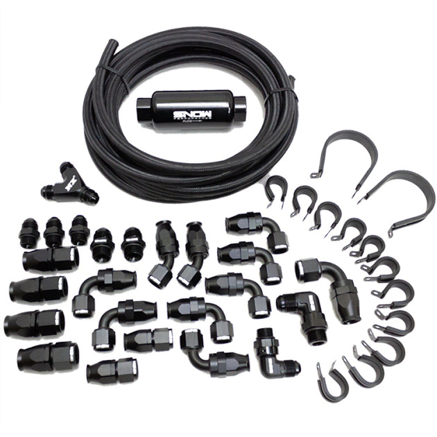 Snow Performance 10AN braided stainless steel fuel line kit in black for injection pump components, designed for durability and high performance.