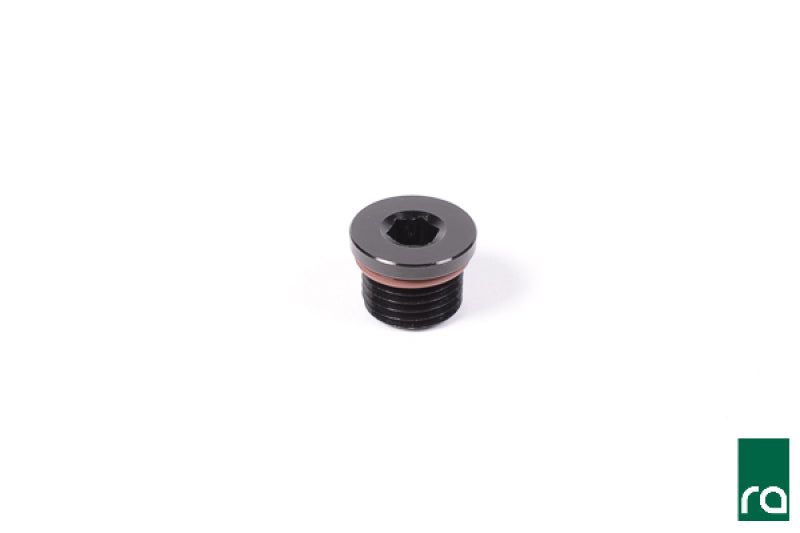 Radium Engineering 2AN ORB plug fitting showing a black anodized aluminum fitting for high-performance fluid connections.