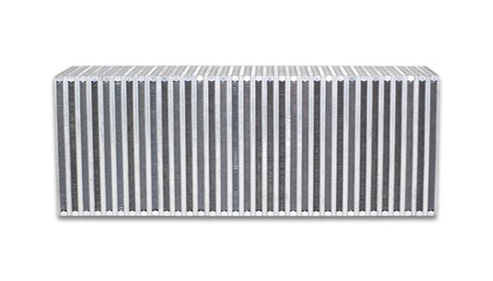 Vibrant intercooler core measuring 6x11.8x3 inches, with vibrant fins and metal end tanks for efficient turbocharged engine cooling.