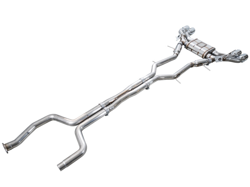 AWE Tuning Cadillac CT5-V Blackwing catback exhaust with chrome silver tips, showcasing the sleek dual exhaust pipes and polished finish.