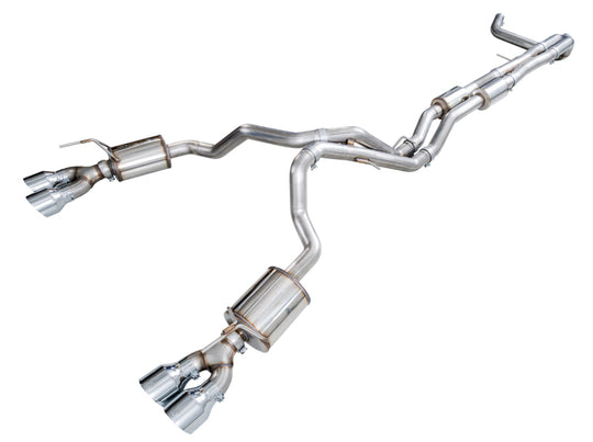 AWE Tuning catback dual exit exhaust system for 2021+ Cadillac Escalade 6.2L with 5-inch chrome silver tips, shown installed.