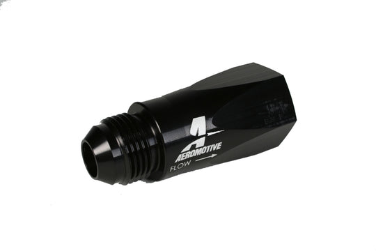 Aeromotive in-line full flow check valve with male -10 AN inlet and female -10 AN outlet for automotive fuel systems.