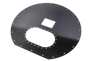 Radium Engineering carbon fiber fuel cell lid for spare tire fuel tank, lightweight and durable automotive performance part.