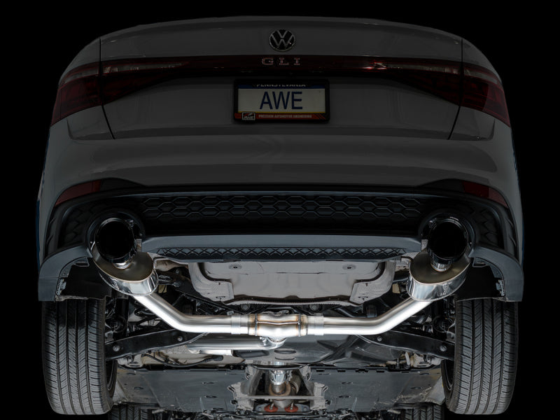 AWE Tuning catback exhaust for 2022-2025 Volkswagen Jetta GLI Touring Edition with diamond black tips, showing polished metal and tips.