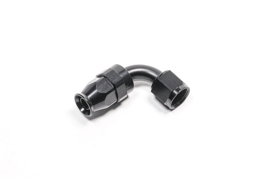 Radium Engineering -8AN black PTFE hose end fitting with 90-degree angle, designed for high-performance fuel and fluid connections.