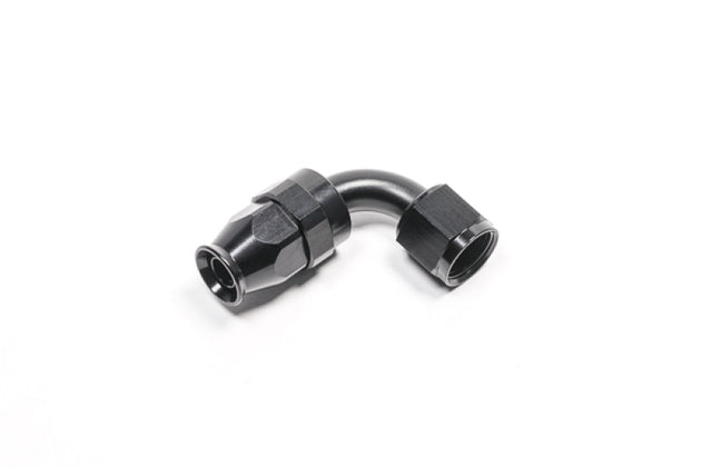 Radium Engineering -8AN black PTFE hose end fitting with 90-degree angle, designed for high-performance fuel and fluid connections.