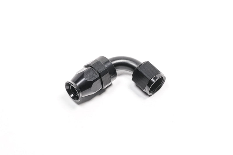 Radium Engineering -8AN black PTFE hose end fitting with 90-degree angle, designed for high-performance fuel and fluid connections.