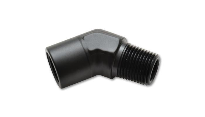 Vibrant 3/8-inch NPT female to male 45-degree pipe adapter fitting showing threaded ends and angled design.