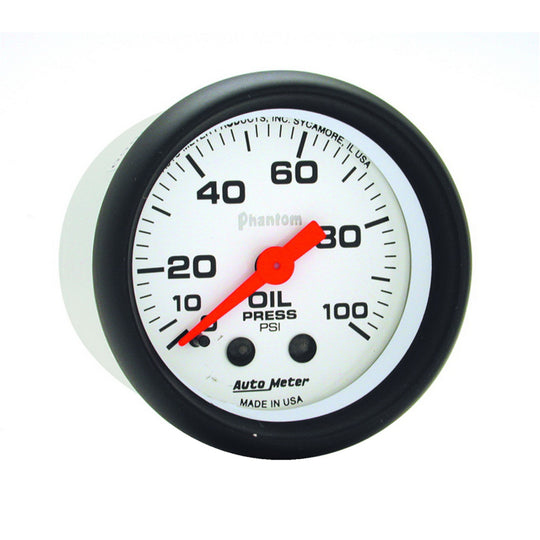 AutoMeter Phantom 52mm mechanical oil pressure gauge showing 0-100 PSI with black face and silver bezel.
