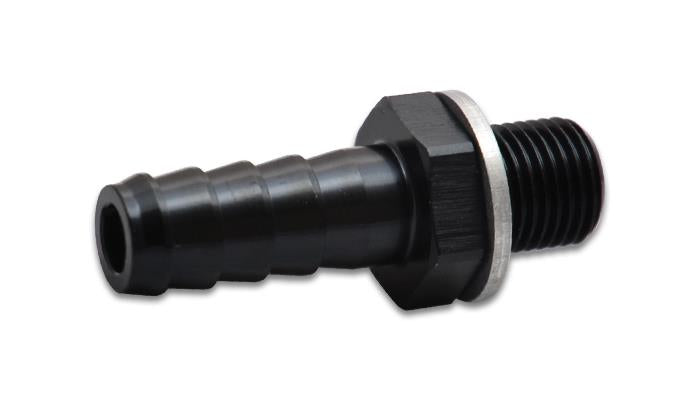 Vibrant male 14mm x 1.5 metric to 3/8 inch barb fitting showing metal threaded end and smooth barb connection.