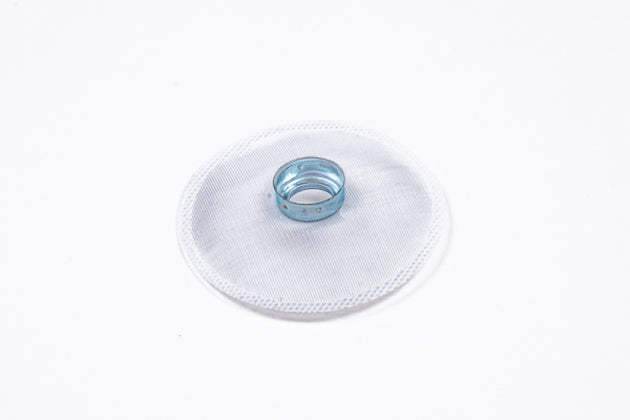 Radium Engineering 19mm fuel pump inlet filter sock showing mesh filter and fitting for automotive fuel system.