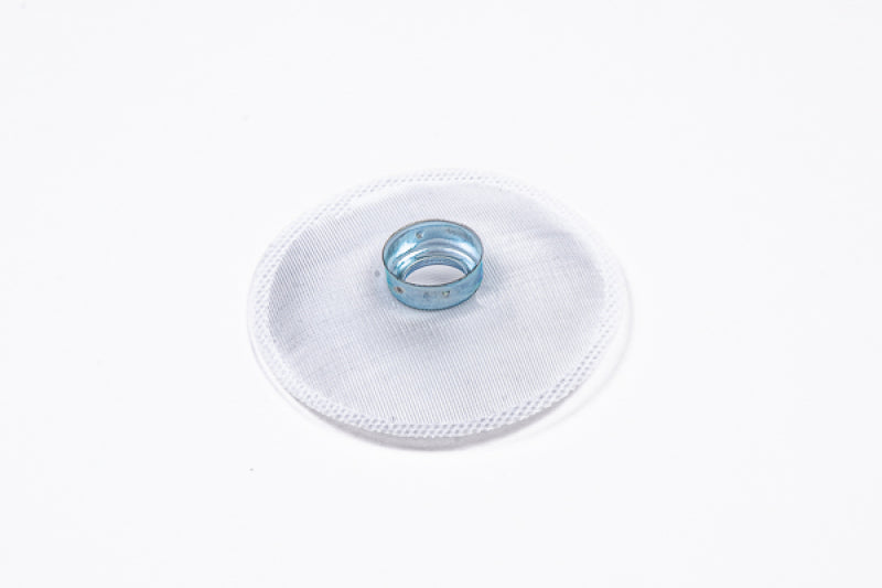 Radium Engineering 19mm fuel pump inlet filter sock showing mesh filter and fitting for automotive fuel system.
