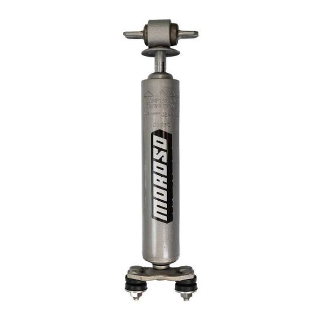 Moroso 64-70 Ford Mustang 3-way adjustable front drag shock absorber mounted on a suspension system.