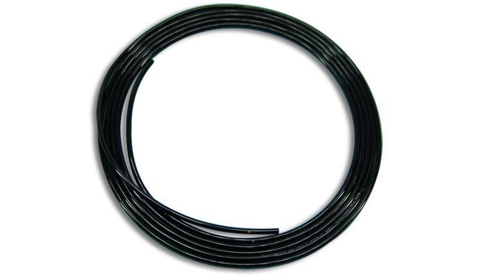 Black Vibrant 3/8 inch OD polyethylene tubing, 10-foot length, flexible hose for plumbing or irrigation applications.