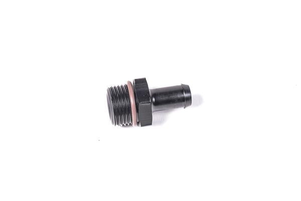 Radium Engineering 10AN ORB to barb fitting with .500-inch hose connection, showing metallic fitting with orange O-ring and hose attached